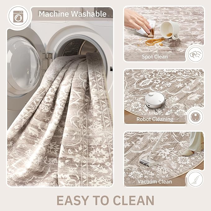 Soalmost Washable Round Rug 6ft for Living Room,Soft Circle Rug Light Brown | Vintage Floral Ultra-Thin Non-Slip 6x6 Round Throw Carpet for Entryway Nursery Bedroom Kitchen Dining Room 6'Round