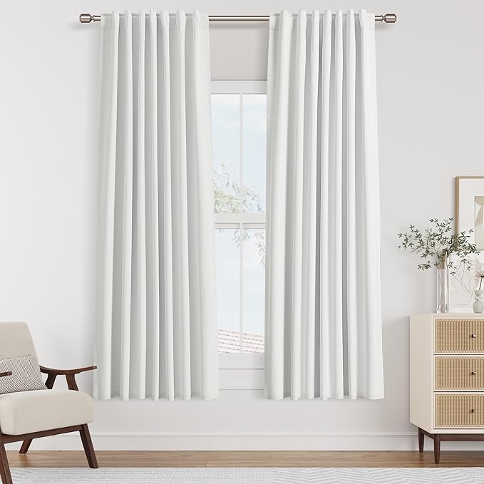 Guken White 100% Blackout Linen Curtains 52 Inch Wide by 62 Inch for Living Room Bedroom Back Tab/Rod Pocket Thermal Insulated Black Out Linen 2 Drapes Room Darkening Window Curtains