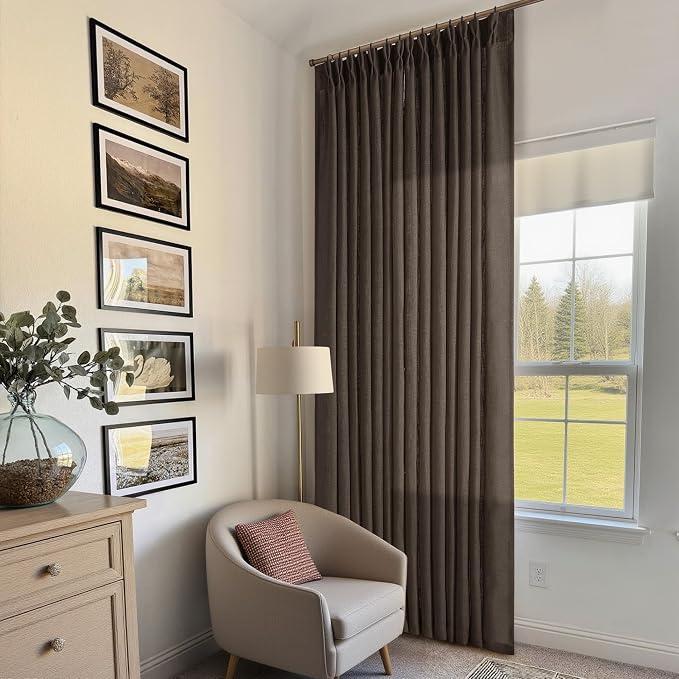 Dark Chocolate 102 Inch Pinch Pleated Semi Sheer Linen Curtains 2 Panels | for Living Room Bedroom, Memory Training Shaped, Light Filtering, Pinch Pleat Drapes with Hooks Rings, Window Curtains 40x102