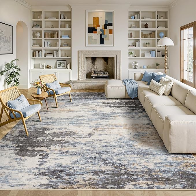 Lofus 9x12 Area Rug for Living Room, Abstract Large Rugs with Non-Slip Backing, Neutral Modern Washable Carpet for Bedroom Dining Room Home Office Nursery Indoor,Dark Grey/Blue