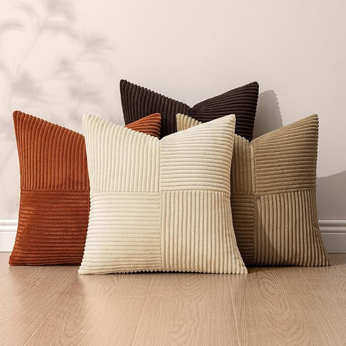 MIULEE Brown Beige Throw Pillow Covers 20x20 Inch Set of 4 Boho Farmhouse Cushion Cases for Livingroom Couch Bed Soft Corduroy Pillow Cases with Invisible Zipper Home Decor