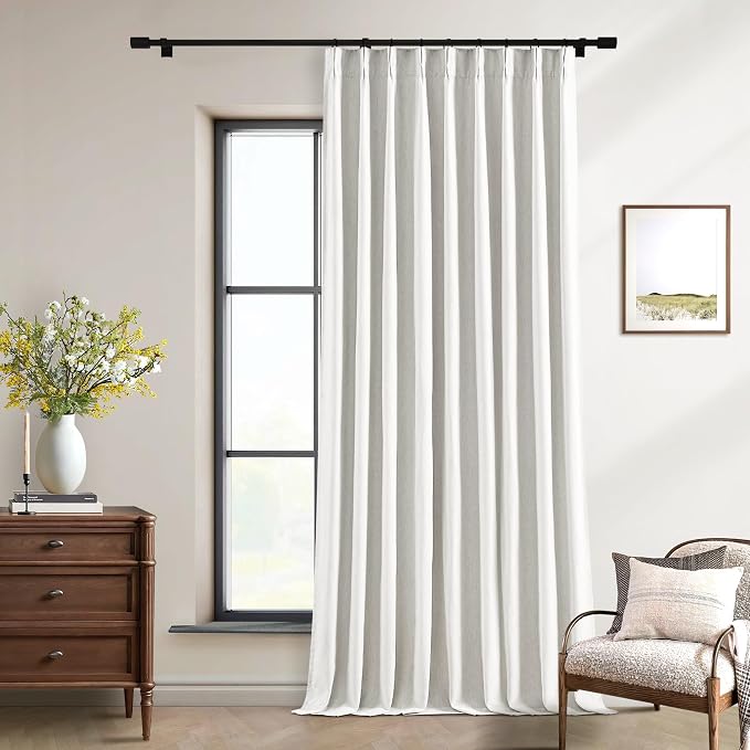 Beige White Pinch Pleated Blackout Linen 84 Inch Long Curtains 60 Inch Wide | 100% Black Out, Memory Trained, Pinch Pleat with Back Tab, Energy Efficient, Thermal Insulated Window Drapes W60xL84 1 Panel