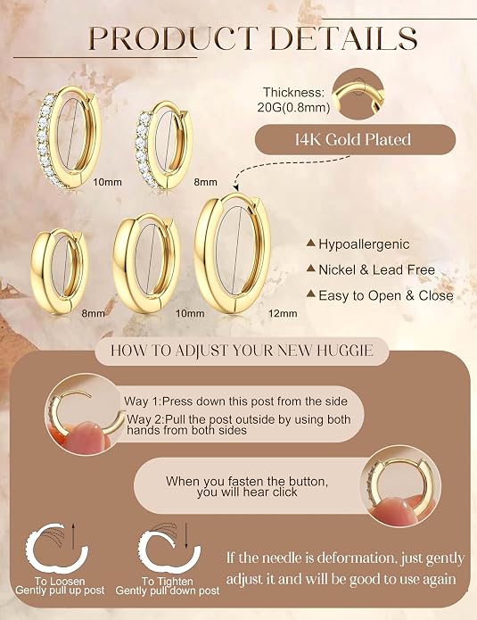 Jstyle 17 Pairs Hypoallergenic Gold Hoop Earrings for Women Flat Back Earrings for Women Surgical Stainless Steel Earrings for Sensitive Ears Small Hoop Cartilage Earring Stack Piercing Jewelry Set