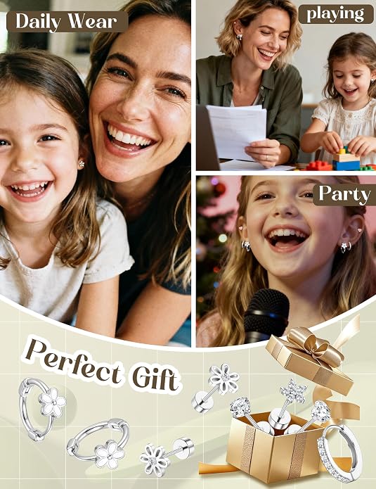 LOLIAS Hypoallergenic Flat Back Earrings for Women Girls-Cute Toddler Kids Teen Girls Earring Set-Surgical Steel Earrings for Sensitive Ears-14K Gold Plated Stainless Steel Flatback Studs Screw Back Small Hoop Cartilage Earring Stacks