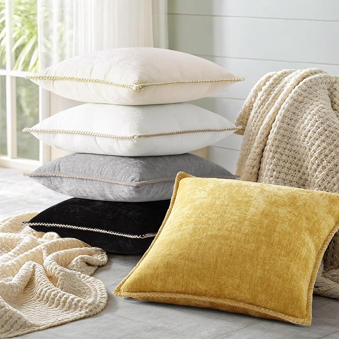 decorUhome Soft Chenille Throw Pillow Covers 12x20 Set of 2 Mineral Yellow | Fall Textured Decorative Throw Pillow Cases Stitched Edge Modern Farmhouse Luxury Boho Velvet for Couch Sofa Bed Home Decor