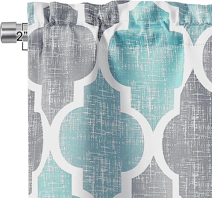 Beauoop Moroccan Valance Curtains for Kitchen Cafe Aqua Grey 52x18 1 Panel | Geometric Blackout Short Curtains for Living Room Bedroom 18 Inch Length Thermal Quatrefoil Small Window Curtains Rod Pocket