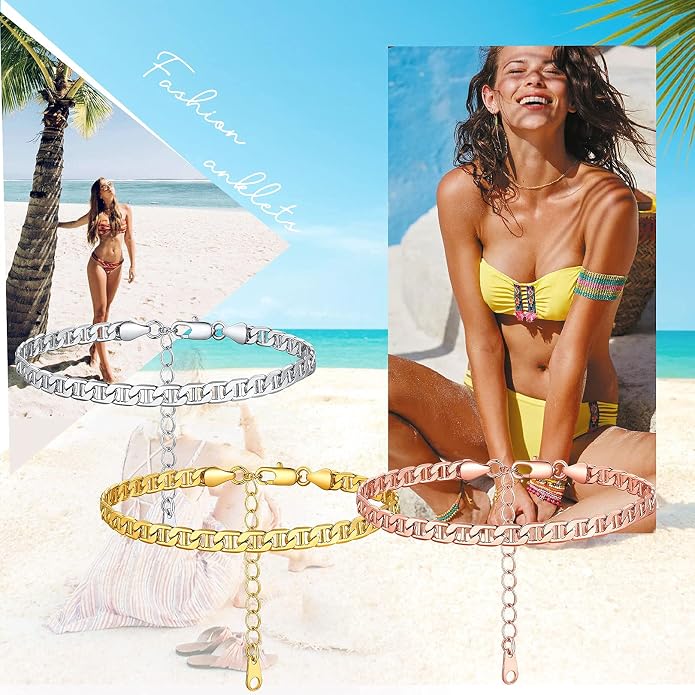 FOCALOOK 14K Gold Plated Anklets for Women Waterproof Plus Size Ankle Bracelet 8.5-10.5 Inch Adjustable Mariner/Figaro/Flat Snake/Cuban Link Chain Anklet Jewelry for Summer Beach Holiday