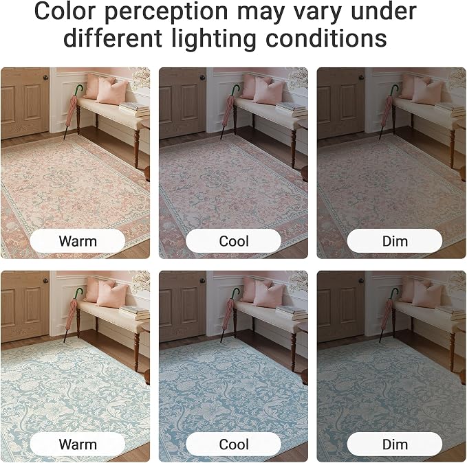 Bavni Small Throw 2x3 Vintage Floral Rug, Washable Non Slip Cute Area Rug for Entryway, Bedroom, Kitchen or Bathroom, Low Pile Carpet, Pink Blue