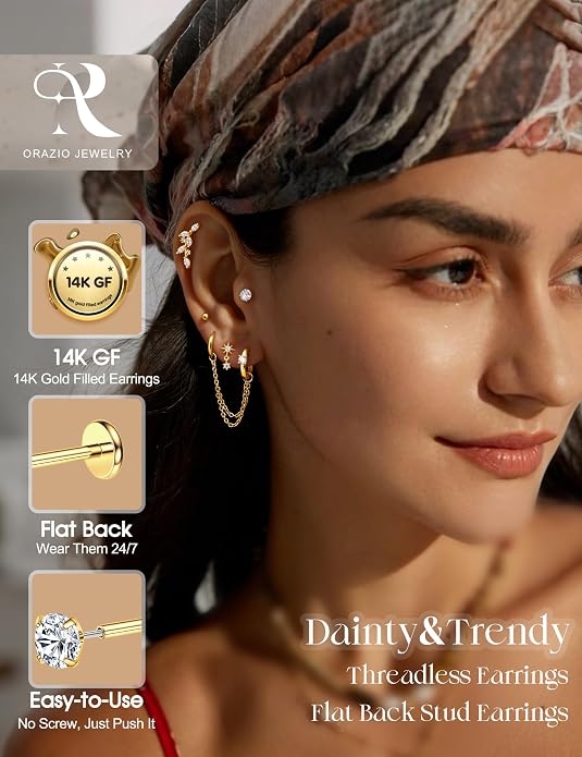 ORAZIO 16G/18G/20G Threadless Flat Back Earrings 316L Surgical Steel Cartilage Earring Stacks Flatback Push in Nose Rings Studs Hypoallergenic Tragus Helix Conch Labret Medusa Piercing Jewelry