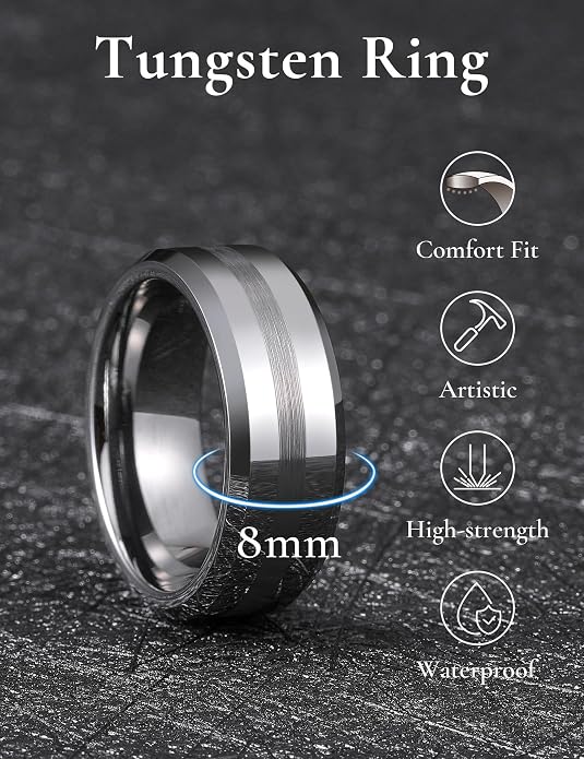 King Will Classic Tungsten Carbide Ring Brushed Two Grooved Center Hammered Design Mens Wedding Band for Men