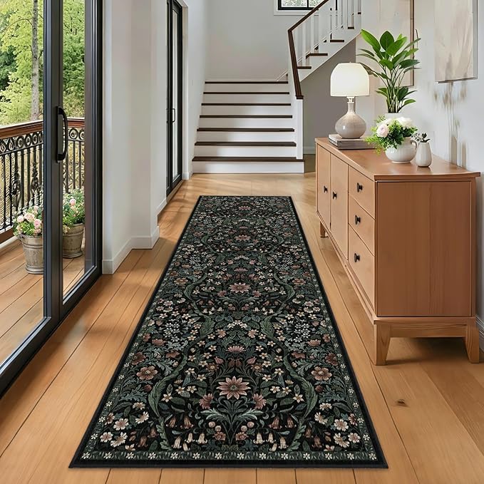 2’6″x 8’ Washable Runner Rug,Black Floral Boho Area Rug for Hallway,Low-Pile Non-Slip Stain Resistant Carpet for Kitchen, Bedside,Laundry Room,Entryway