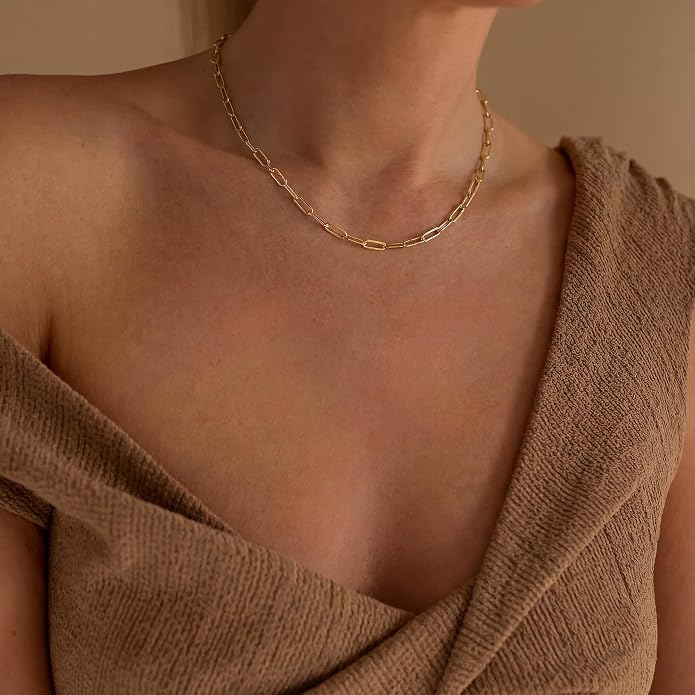 Tewiky Gold Chain Necklace for Women, 14k Gold Plated Thin Beaded Wave Box Necklace Dainty Simple Layered Choker Minimalist Link Chain Necklace Trendy Jewelry for Women