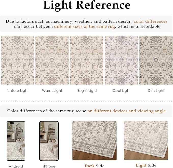 PureCozy 8x10 Area Rug Beige Washable Vintage Carpet Living Room Bedroom Large Non Slip Stain Soft Resistant Low Pile Thin Boho Accent Indoor Throw Rug for Dining Room Office