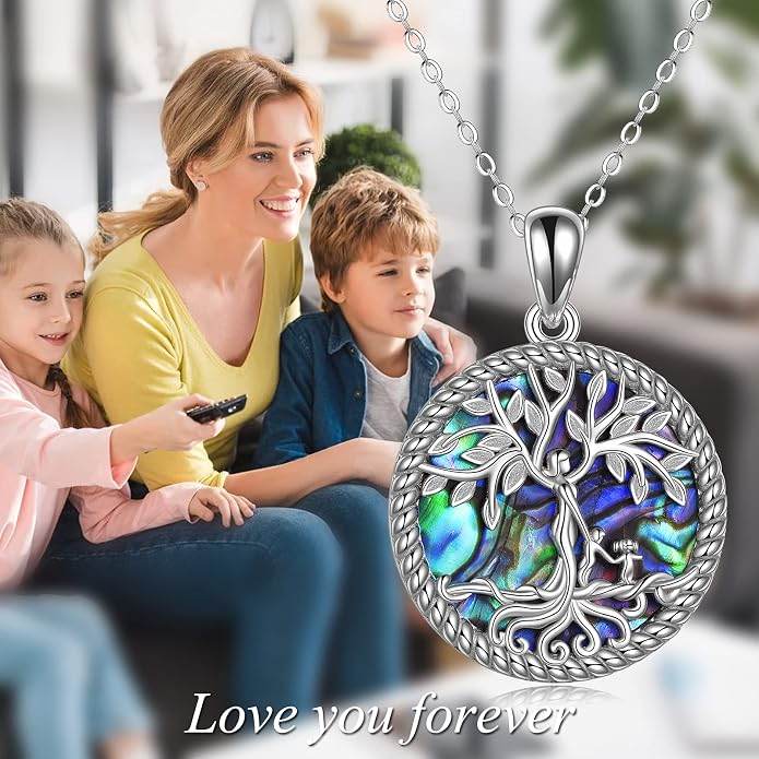 ONEFINITY Tree of Life Necklace for Women Sterling Silver Abalone Shell Crystal Tree of Life Pendant Necklace Family Tree Jewelry for Mom Daughter Sister Girls Christmas Gifts