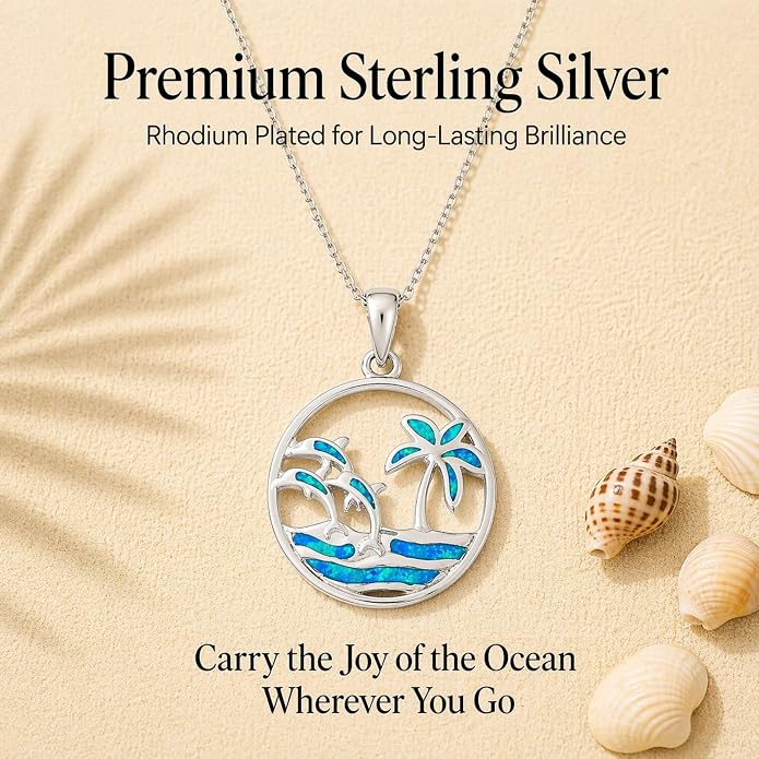 Created Blue Opal Ocean Necklace for Women, 925 Sterling Silver Pendant, 18 Inch Chain, Beach and Sea Life Jewelry Collection