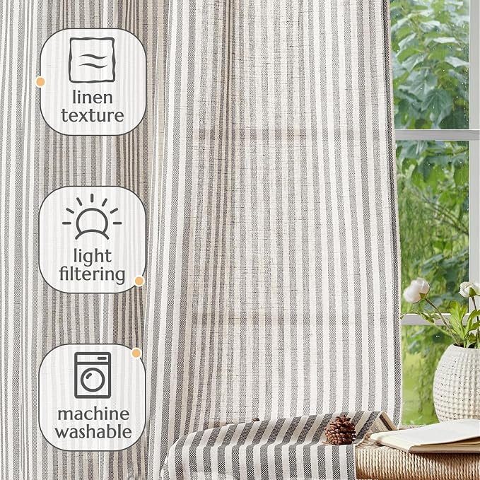 jinchan Linen Curtains 84" Charcoal Grey Stripe on Beige Back Tab 4 Panels | Curtains For Living Room Bedroom,Ticking Stripe Pattern, Farmhouse Cottage Core Rustic,Window Treatment,Light Filtering