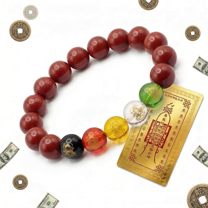 Chinese Feng Shui Bracelet with Amulet Card, Red Cinnabar Money & Wealth Magnet, Good Luck Charms for Energy Protection, Temple Blessed Lucky Stretch Beads Success Gift for Men Women