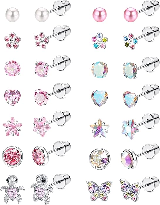 LOYALLOOK 14Pairs Hypoallergenic Screwback Earrings for Women Girls Tiny CZ Pearl Ball Heart Flower Screw Back Earring Studs 316L Stainless Steel Stud Earrings Flatback 20G Over 3 Years Old