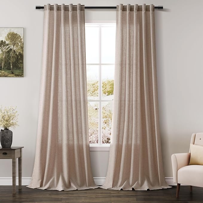Oatmeal Linen 102 Inch Long Curtains for Living Room 2 Panels Back Tab Pocket Semi Sheer Light Filtering Curtains Bohemian Rustic Solid Color Drapes for Sliding Glass Door Bedroom 40x102 Inches