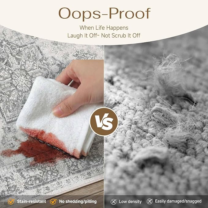 PureCozy Gray 8x10 Area Rug Washable Vintage Living Room Carpet Non Slip Retro Distressed Low Pile Soft Oriental Medallion Thin Large Grey Throw Rug for Office Bedroom Dining Room Playroom