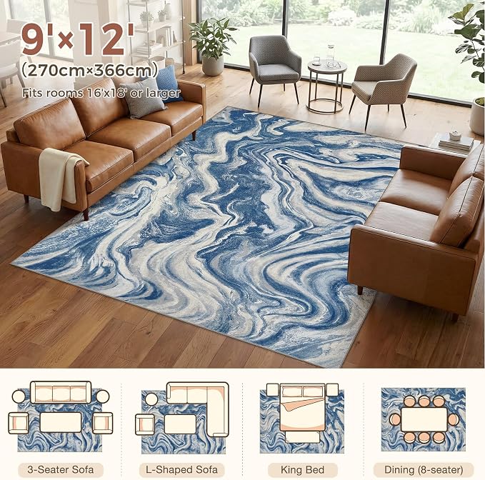 DMOYEST 9x12 Area Rug for Living Room:Washable Modern Neutral Abstract Rug with Low Pile Non Slip Soft Thin Large Indoor Carpet for Bedroom Dining Room Home Office Decor-Navy Blue