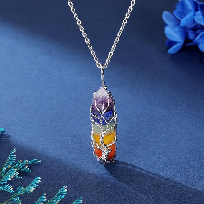 GEHECRST Healing Crystal Necklace Tree of Life Wire Wrapped Natural Quartz Crystal Stone Point Gemstone Pendant Necklace Jewelry for Women Christmas Birthday Gift