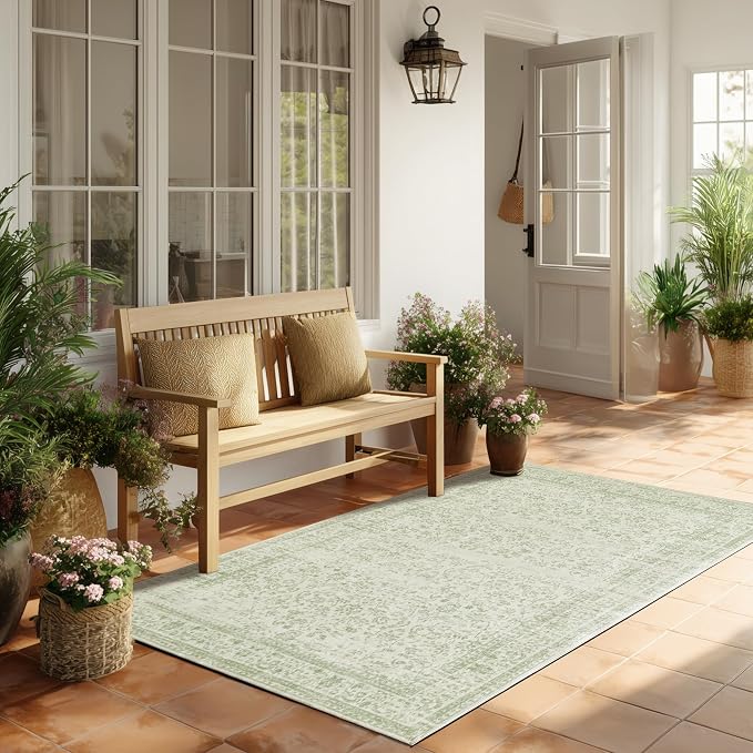 Sage Green Boho Front Door Mat for Indoor Entrance Washable Non Slip Cute Vintage Floral Aesthetic Area Rugs for Entryway Entry 4x6