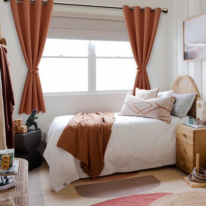 Hiasan Fall Blackout Curtains for Bedroom, 52 x 63 Inches Length - Thermal Insulated & Light Blocking Window Curtains for Living Room/Kids Room, 2 Drape Panels Sewn with Tiebacks, Burnt Ochre