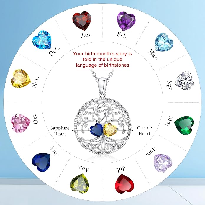 Mothers Day Gifts for Women，925 Sterling Silver Family Tree of Life Pendant Necklaces with 2 Heart Birthstone Jewelry Birthday Anniversary Christmas Gifts for Her Girlfriend Mom Wife Grandma Daughter