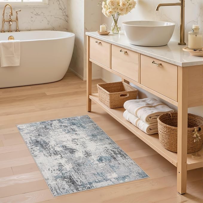 Abstract 2x3 Area Rug: Machine Washable Non Slip Ultra Thin Low-Pile Carpet, Soft Stain Resistant for Entryway Kitchen Bathroom, Kid Pet Friendly, Robot Vacuum Compatible - Grey Blue
