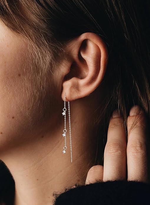 S.Leaf S925 Sterling Silver Threader Chain Earrings 18K Gold Plated Cubic Zirconia Dainty Dangle Double Piercing Long Drop Dangly Pull Through Tassel Chain Earrings Gifts for Women