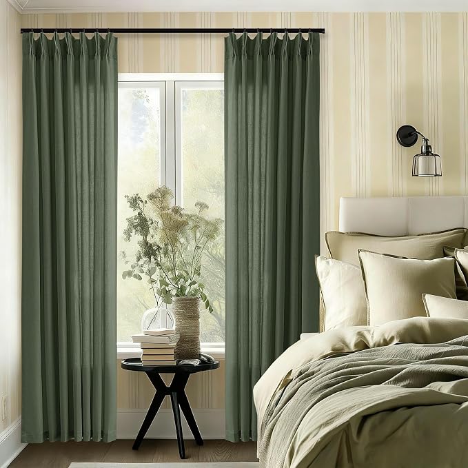 Olive Green Pinch Pleated Linen Curtains 120 Inches Long Semi Sheer | Light Filtering, Extra Long, Pleat Drapes, for Living Dining Room Bedroom, Farmhouse Boho, Rings Hooks, Back Tab, 1 Panel
