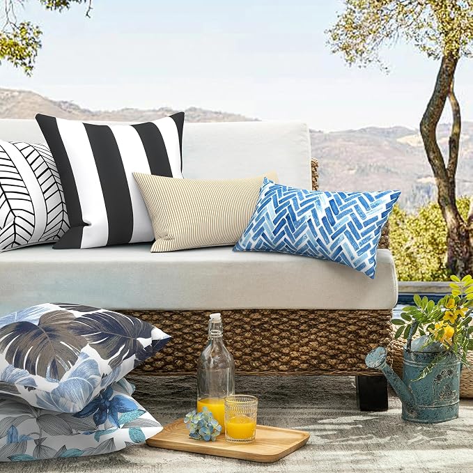20x20 Inch Pack of 2 Patio Throw Pillow Covers ONLY, Water Repellent Cushion Cases, Square Pillowcases for Outdoor Couch Decoration, Cabana Black