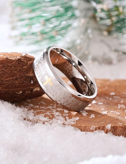 King Will Stainless Steel Men Ring Lord's Prayer Cross Ring Stainless Steel Men Wedding Ring, Wedding Band Bible Engraved Rings High Polished, Comfort Fit