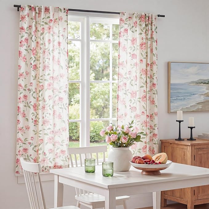 jinchan Pink Floral Linen Curtains 63 Inch Cottagecore Back Tab 2 Panels | Light filtering drapes, semi sheer, farmhouse, watercolor, romantic, living room, bedroom, rod pocket, window treatment