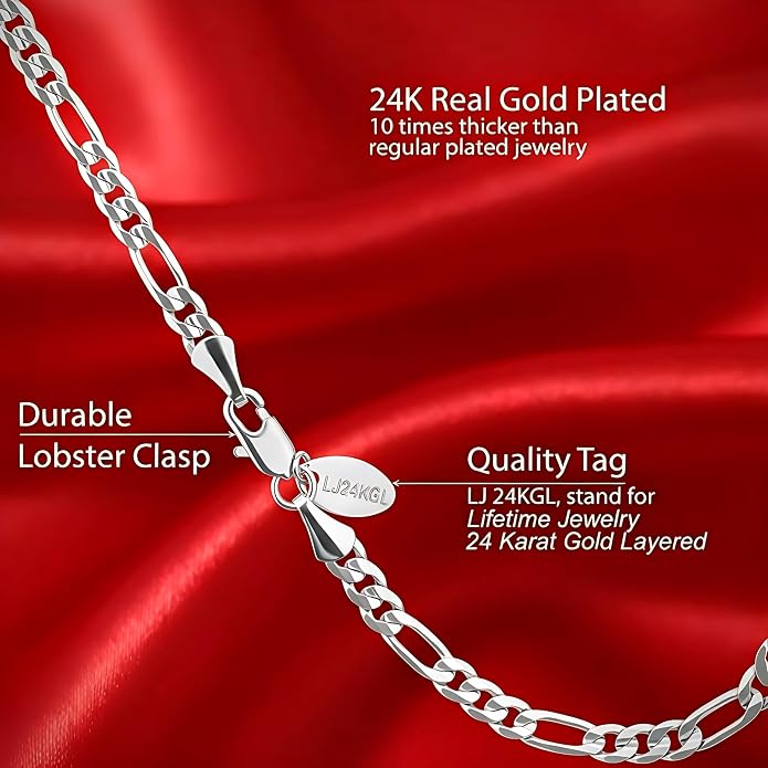 LIFETIME JEWELRY 4mm Figaro Chain Ankle Bracelet - Gold Anklets for Women - 24k Real Gold Plated - Made in USA with Lifetime Replacement