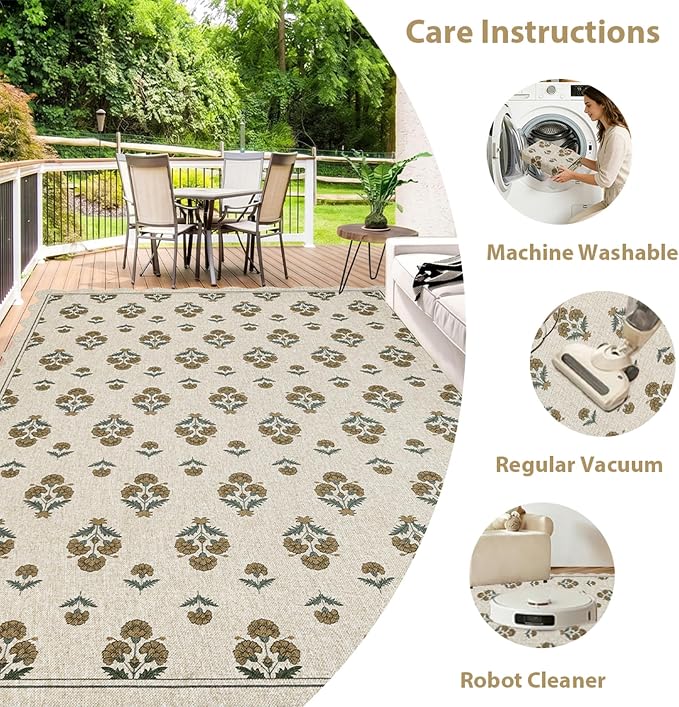 ORTIGIA Scalloped Easy Jute 8x10 Area Rug Vintage Yellow Block Floral Farmhouse Washable Rug Non-Slip Indoor Outdoor Carpet for Living Room Bedroom Patio Entryway
