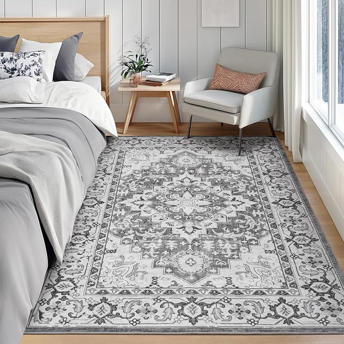 Lofus 6x9 Area Rugs for Living Room, Washable Area Rug, Rugs for Bedroom, Kitchen, Vintage Boho Carpet, Soft Non-Slip, Low Pile Large Area Rug for Office Dining Room, Floral Grey