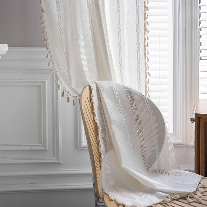 Boho Curtains for Bedroom Embroidery Striped Farmhouse 84 Inches Long 2 Pannels Set White Linen Light Filtering for Living Room Rod Pocket Drapes(52" W x 84" L,White)