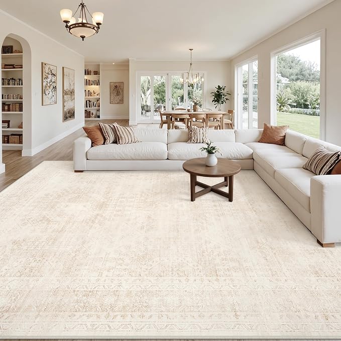 10x14 Area Rugs for Living Room: Vintage Boho Neutral Washable Rug Indoor Soft Large Area Rug Carpet for Bedroom Nursery Farmhouse Dining Room Office Floor Non-Slip Low Pile Under Table Rug Beige