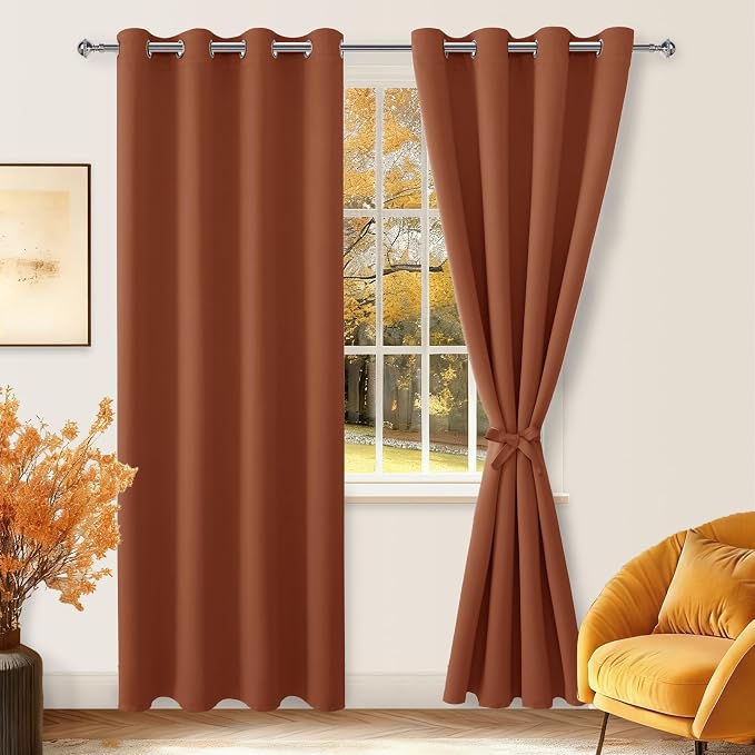 Hiasan Fall Blackout Curtains for Bedroom Home Decor, 52 x 96 Inches Long - Thermal Insulated & Light Blocking Window Curtains for Living Room/Kids Room, 2 Drape Panels Sewn with Tiebacks, Burnt Ochre