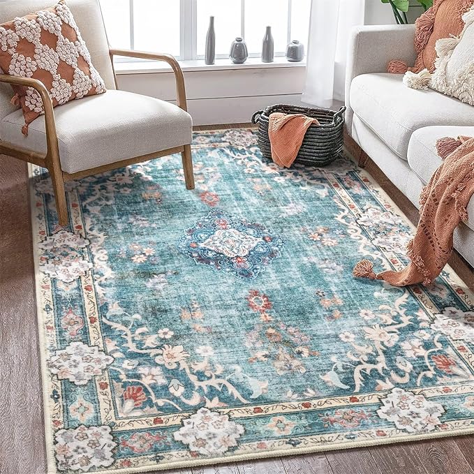 MUJOO Boho Rug 4'x6.5' Area Rugs Washable Non Slip Low-Pile Floral | Machine Washable Throw Carpet for Bedroom Living Room Office Entryway Small Soft Floor Indoor Flowers Blue Colorful
