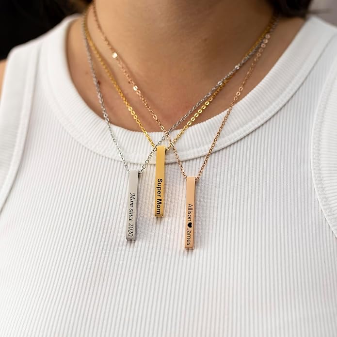 Personalized bar necklace for women, custom engraved stainless steel name plate necklace gift gold, silver and rose gold for mothers day, coordinates, dates, roman numeral, friendship, christmas