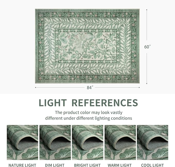 8x10 Vintage Washable Sage Green Area Rug | Living Room,Low Pile Non Slip Carpet Non-Shedding Large Soft Indoor Stain Resistant Floral Print Mat for Bedroom Dining Room