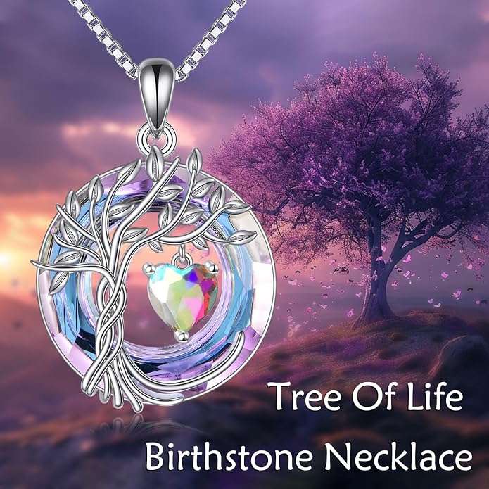 POPLYKE Mothers Day Gifts for Mom Her Wife Tree of Life Necklace 925 Sterling Silver Birthstone Pendant with Crystal Anniversary Birthday Wedding Jewelry for Women