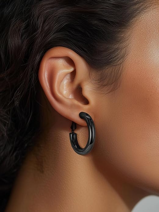 Stainless Steel Chunky Hoop Earrings For Women, Minimalist and Chic, Black/Gold Plated, Round Hoops Earrings Hypoallergenic, Size: 30mm/40mm/60mm/80mm, Come with Box