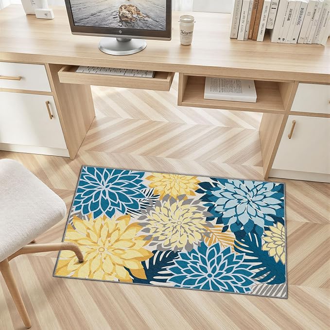 Arenarug 2x3 Colorful Washable Small Rug Tropical Botanical Modern Floral Indoor Chenille Door Mat Carpet Non Slip for Patio, Entry Way, Entrance, Porch, Ocean Dahlia