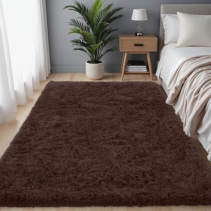 4x6 Area Rug for Living Room, Ultra Soft Fluffy Shag Rugs for Bedroom, Non-Slip Large Fuzzy Plush Rug Indoor Floor Carpet for Nursery Kids Office Dorm Modern Decor, Brown