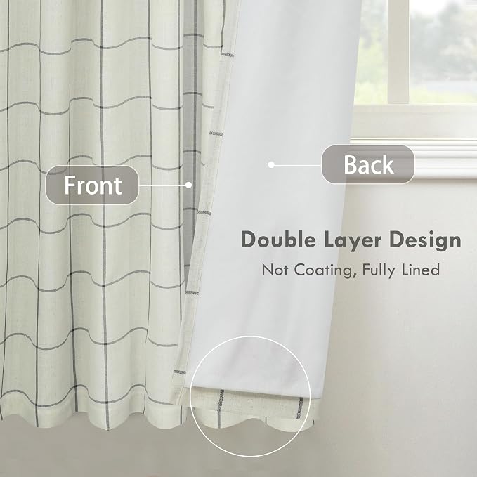 DriftAway 100% Blackout Plaid Linen Curtains 63 Inches Long 2 Panels Black | 100% Blackout, Linen Texture, Plaid Pattern, Two Layers, Rod Pocket & Back Tab, Bedroom Living Room Use, Luxury Appearance