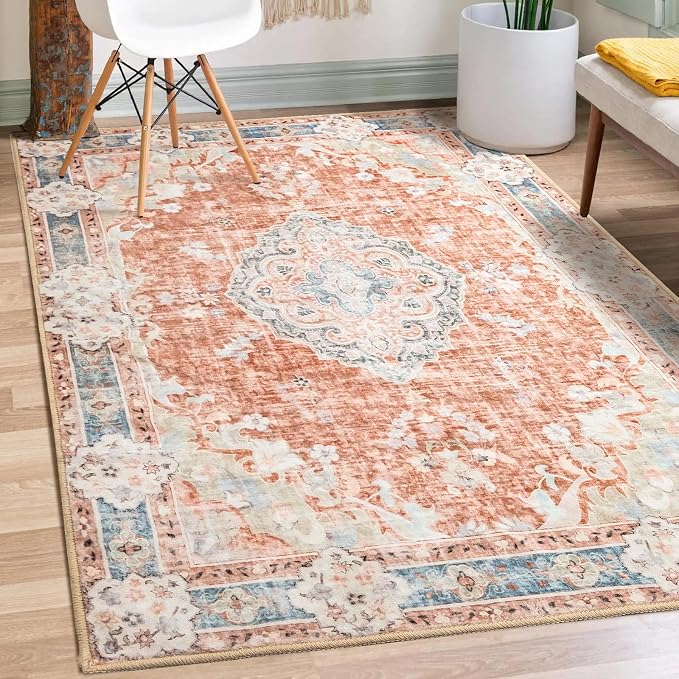 MUJOO 3x5 Rug Washable,Boho Area Rugs Small Non Slip Low-Pile Floral | Machine Washable Throw Carpet for Entryway Bedroom Bedside Kitchen Hallway Living Room Soft Indoor Flowers Orange Navy Blue